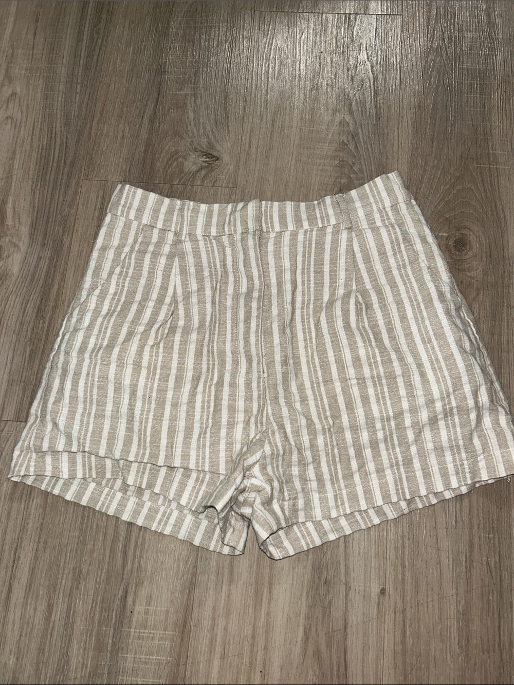 Women's Beige and White Striped Linen-Blend Shorts